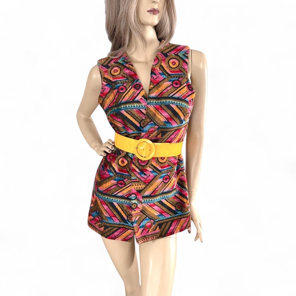 Vintage 70s Chenille Tunic Vest Medium Psychedelic Art Wear Boho Festival‎